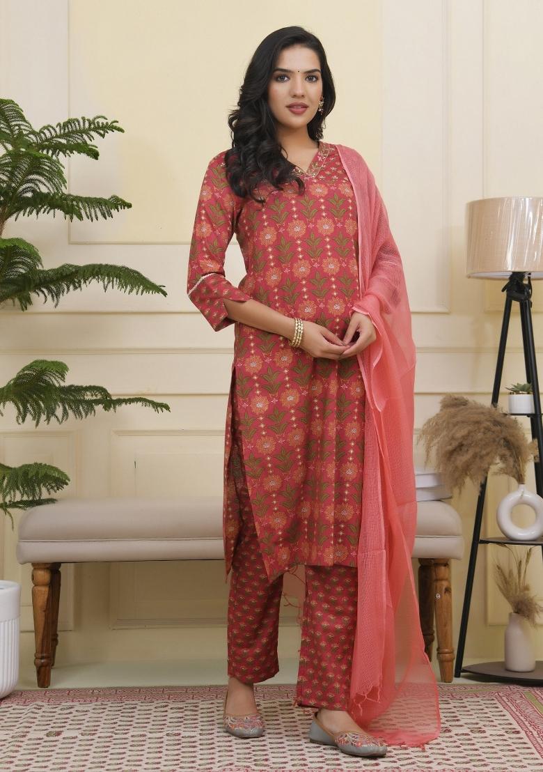 Pink Zari Cotton Suit Set - Indya