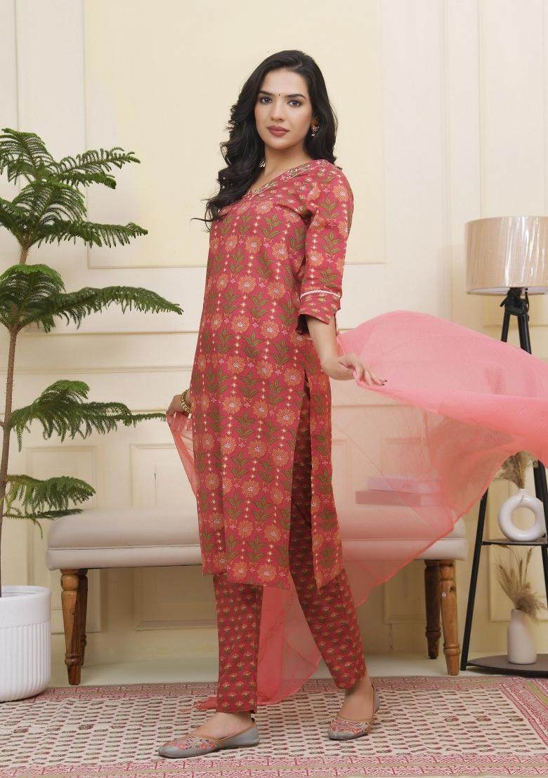 Pink Zari Cotton Suit Set - Indya