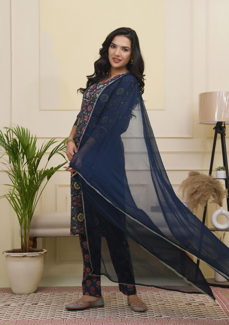 Navy Zari Cotton Suit Set - Indya