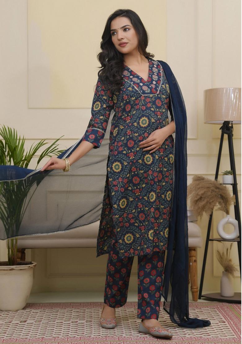 Navy Zari Cotton Suit Set - Indya