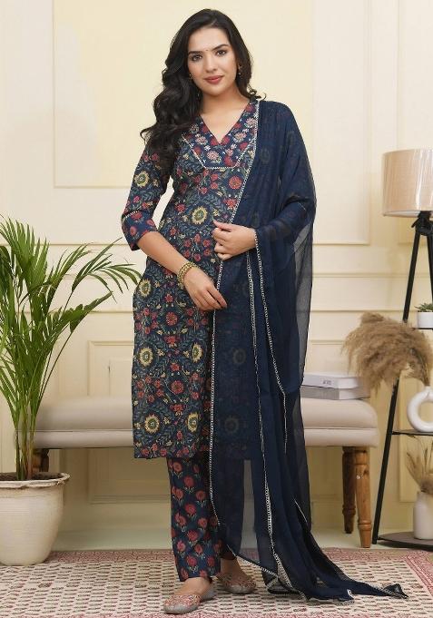 Navy Zari Cotton Suit Set
