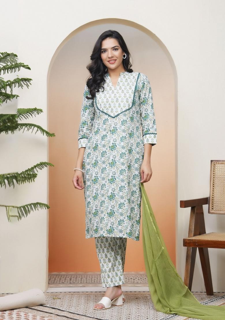 White Mirror Work Cotton Suit Set - Indya
