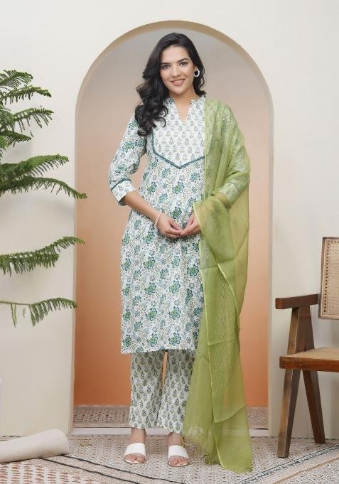 White Mirror Work Cotton Suit Set
