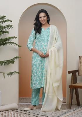 Cream Thread Work Cotton Suit Set
