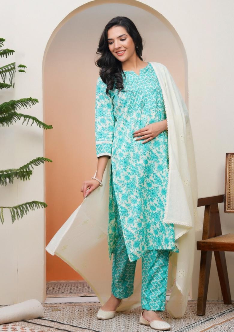 Cream Thread Work Cotton Suit Set