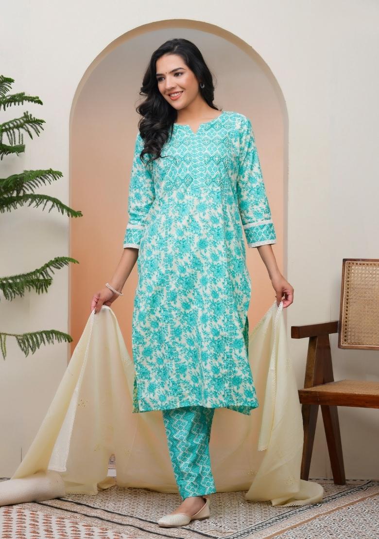 Cream Thread Work Cotton Suit Set