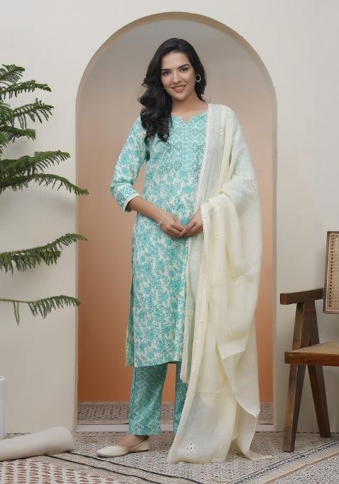 Cream Thread Work Cotton Suit Set