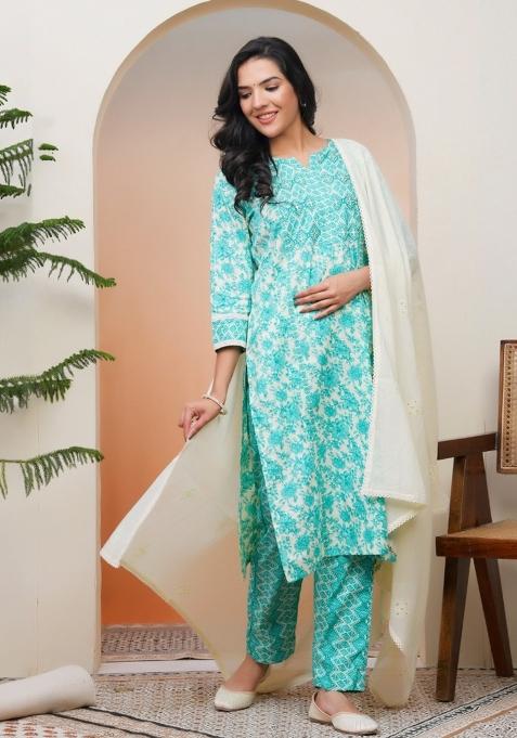 Cream Thread Work Cotton Suit Set