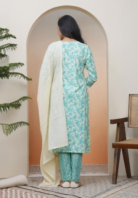 Cream Thread Work Cotton Suit Set