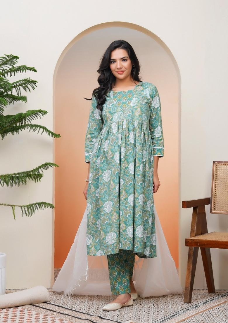 Firozi Thread Work Cotton Suit Set