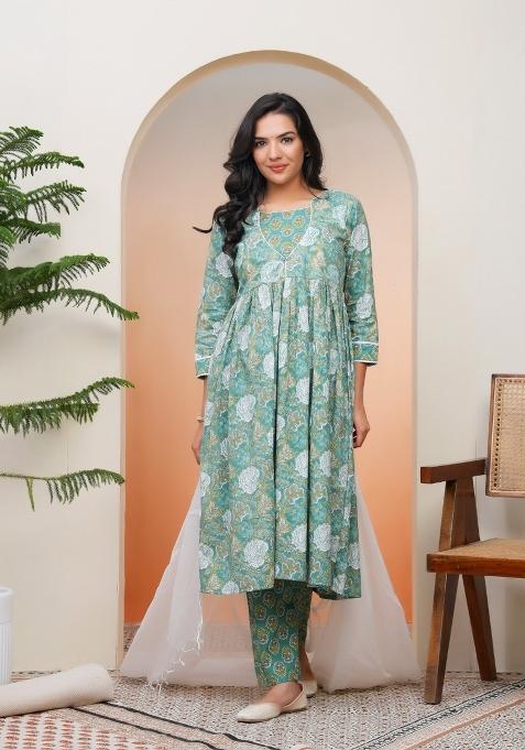 Firozi Thread Work Cotton Suit Set