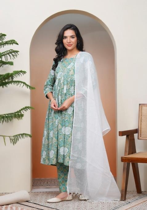 Firozi Thread Work Cotton Suit Set