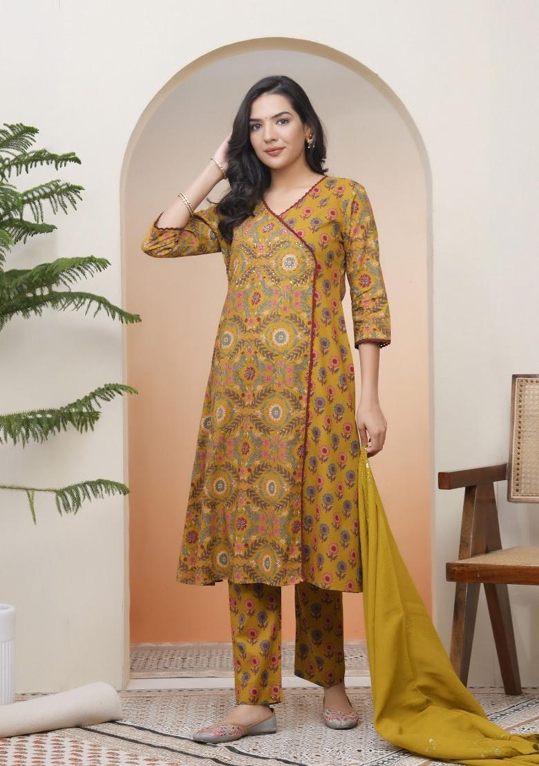 Mustard Zari Cotton Suit Set - Indya