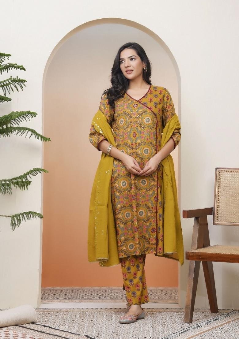 Mustard Zari Cotton Suit Set - Indya