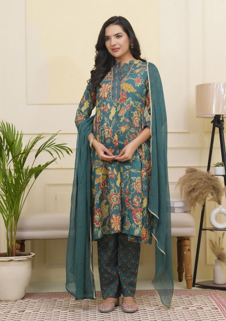 Green Thread Work Cotton Suit Set