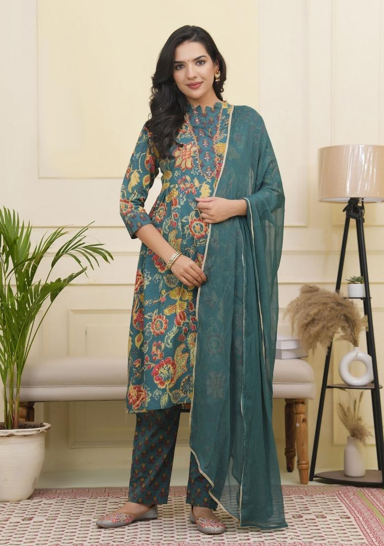 Green Thread Work Cotton Suit Set