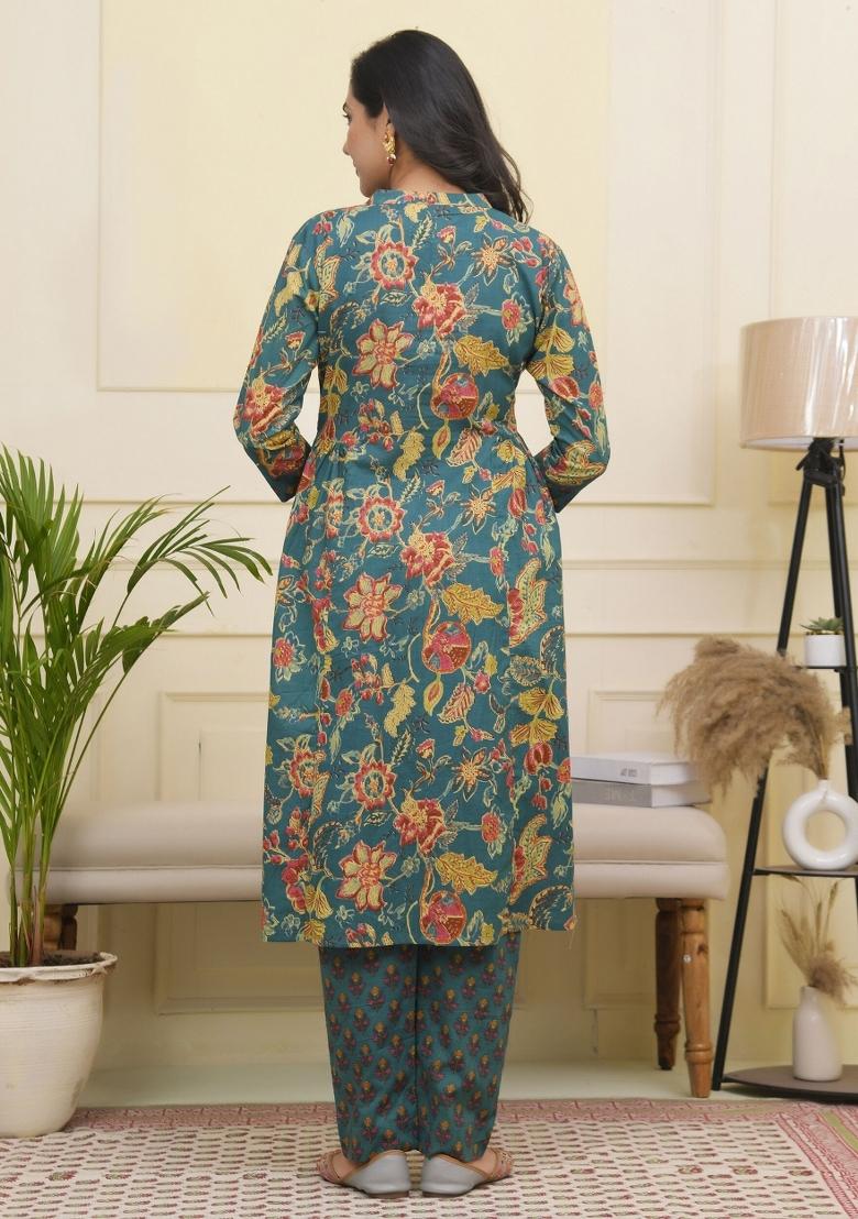 Green Thread Work Cotton Suit Set