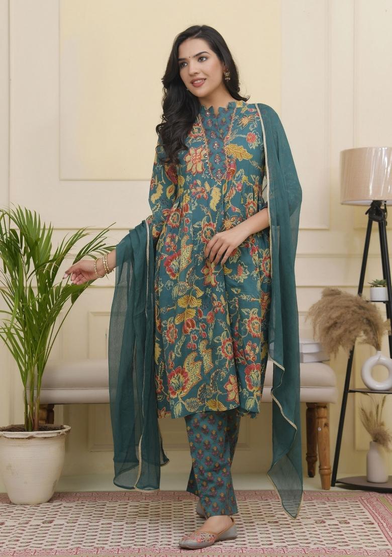Green Thread Work Cotton Suit Set