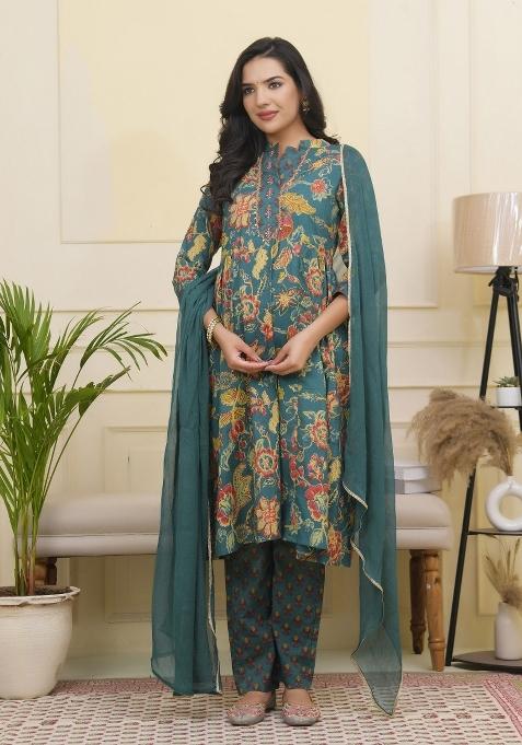 Green Thread Work Cotton Suit Set