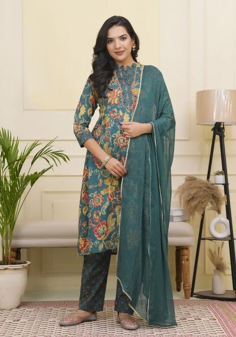 Green Thread Work Cotton Suit Set