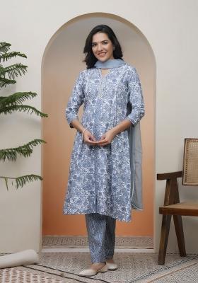 Grey Thread Work Cotton Suit Set