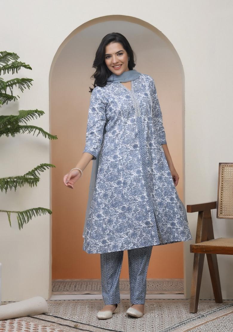 Grey Thread Work Cotton Suit Set - Indya