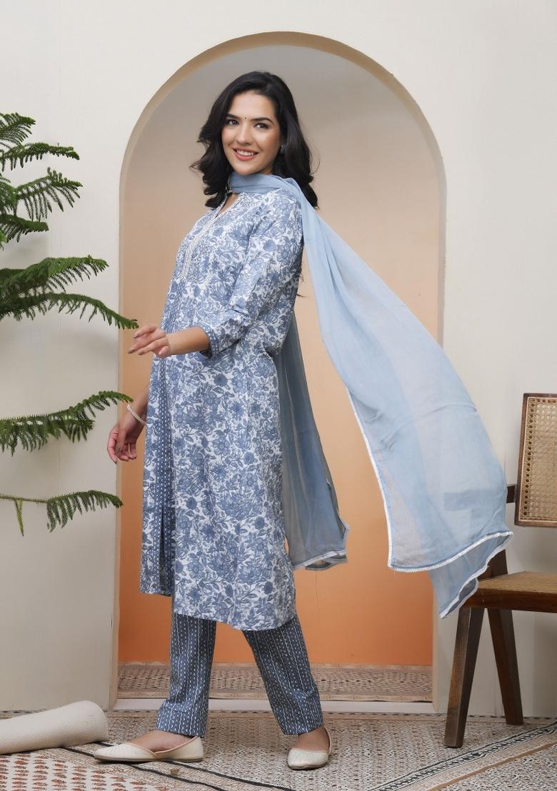 Grey Thread Work Cotton Suit Set - Indya