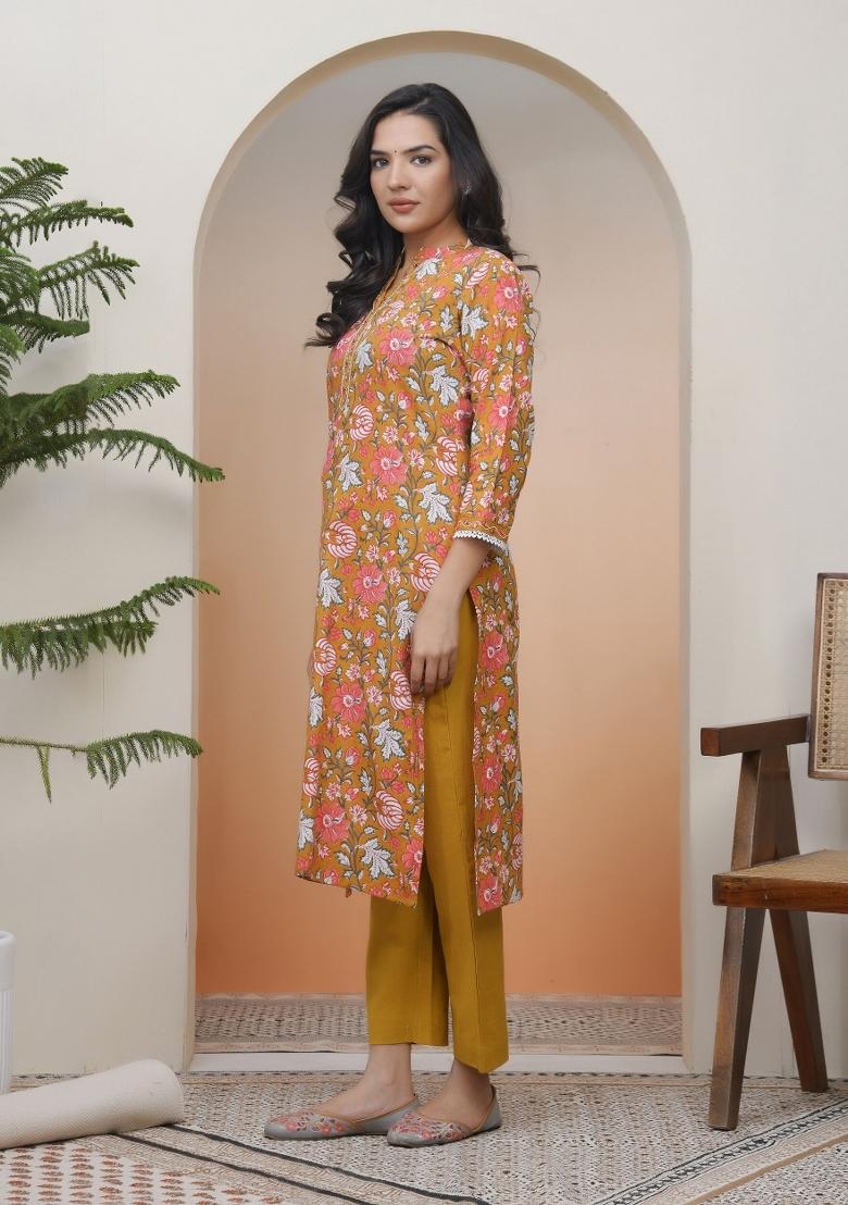 Mustard Mirror Work Cotton Kurti Pant Set - Indya