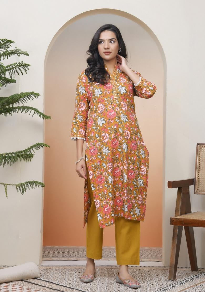 Mustard Mirror Work Cotton Kurti Pant Set - Indya
