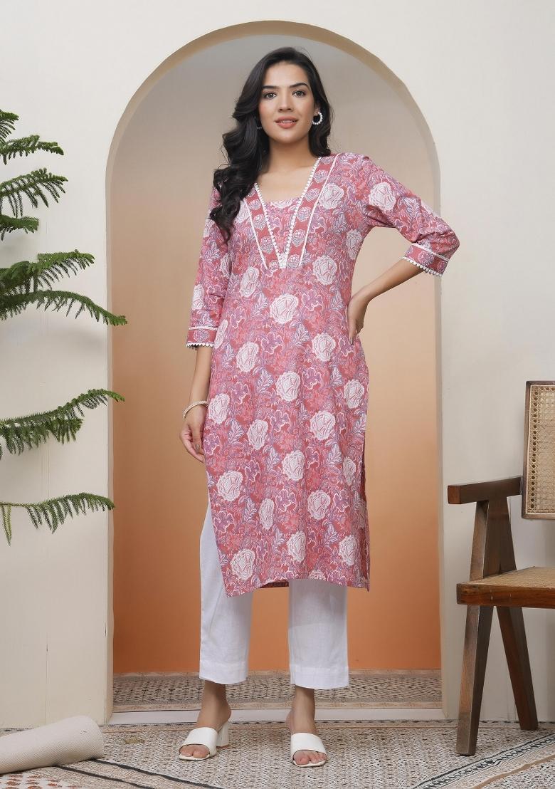 Nude Pink Zari Cotton Kurti Pant Set - Indya
