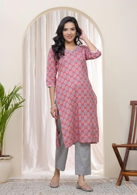 Pink Mirror Work Cotton Kurti Pant Set
