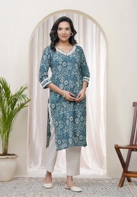 Firozi Thread Work Cotton Kurti Pant Set