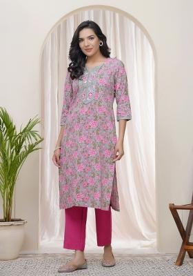 Grey Zari Cotton Kurti Pant Set
