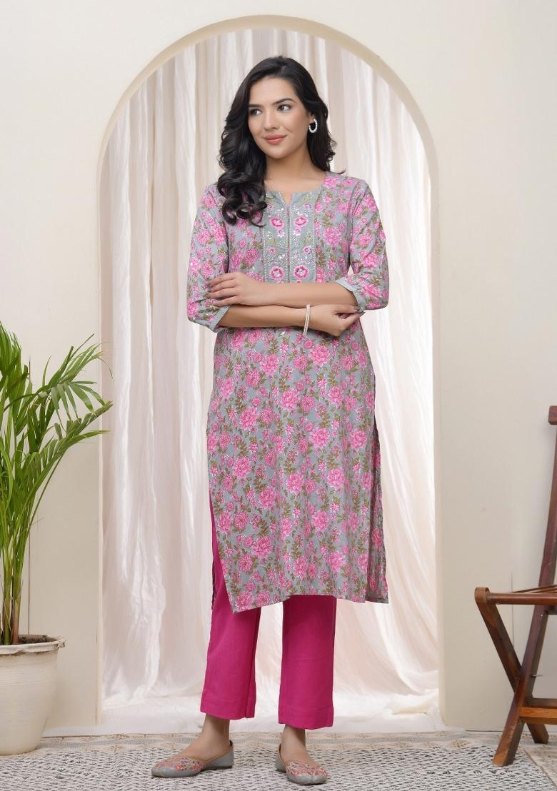 Grey Zari Cotton Kurti Pant Set - Indya