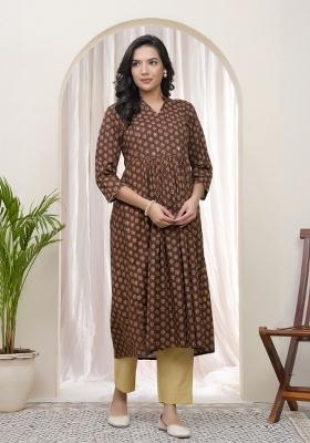 Brown Mirror Work Cotton Kurti Pant Set