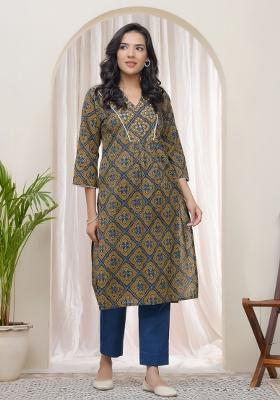 Blue Zari Cotton Kurti Pant Set