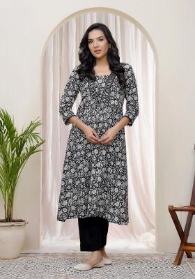 Black Mirror Work Cotton Kurti Pant Set