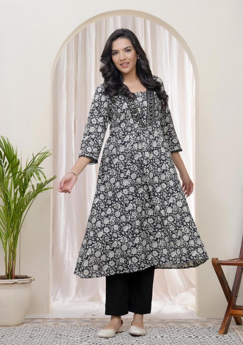 Black Mirror Work Cotton Kurti Pant Set - Indya