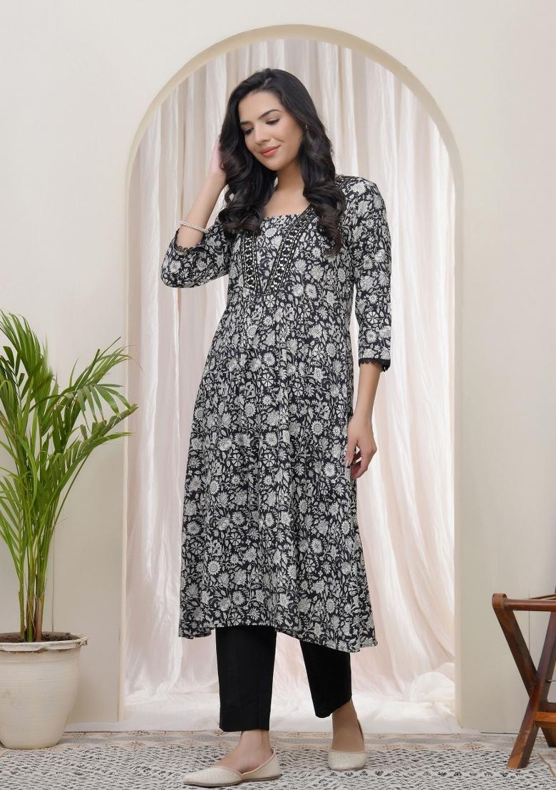 Black Mirror Work Cotton Kurti Pant Set - Indya