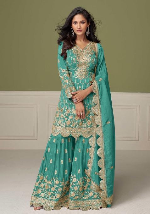 Turquoise Embroidered Simar Silk Blend Salwar Kameez