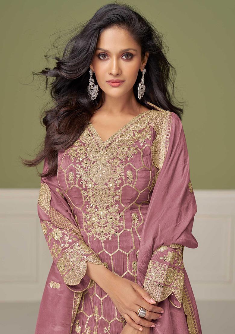 Mauve Embroidered Simar Silk Salwar Kameez - Indya