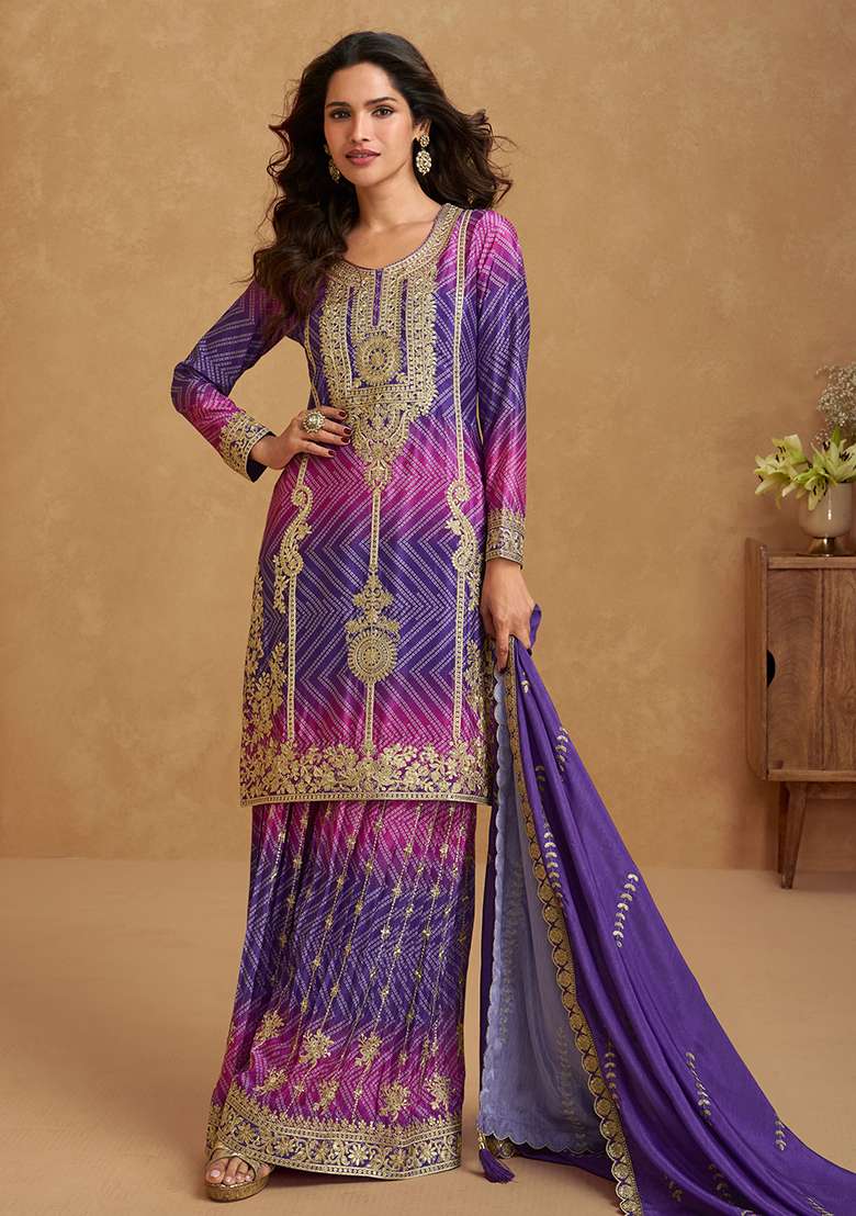 Purple And Rani Embroidered Chinon Sharara Set - Indya