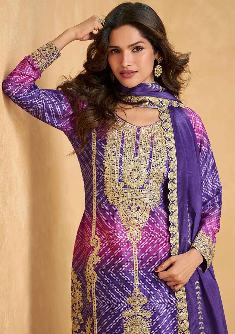 Purple And Rani Pink Embroidered Printed Chinon Salwar Kameez - Indya