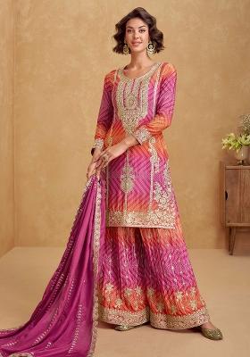 Pink And Orange Embroidered Printed Chinon Salwar Kameez
