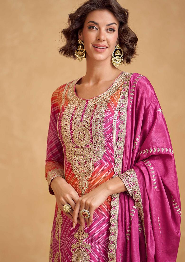 Pink And Orange Embroidered Printed Chinon Salwar Kameez - Indya