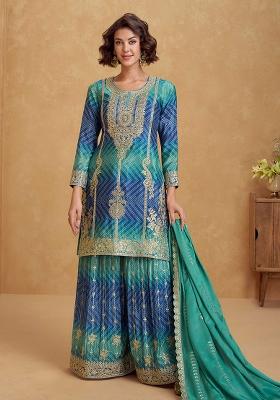 Rama And Blue Embroidered Printed Chinon Salwar Kameez