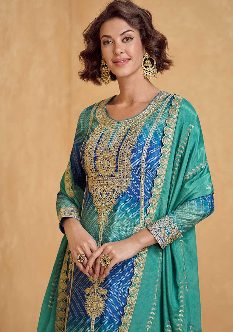 Rama And Blue Embroidered Printed Chinon Salwar Kameez - Indya