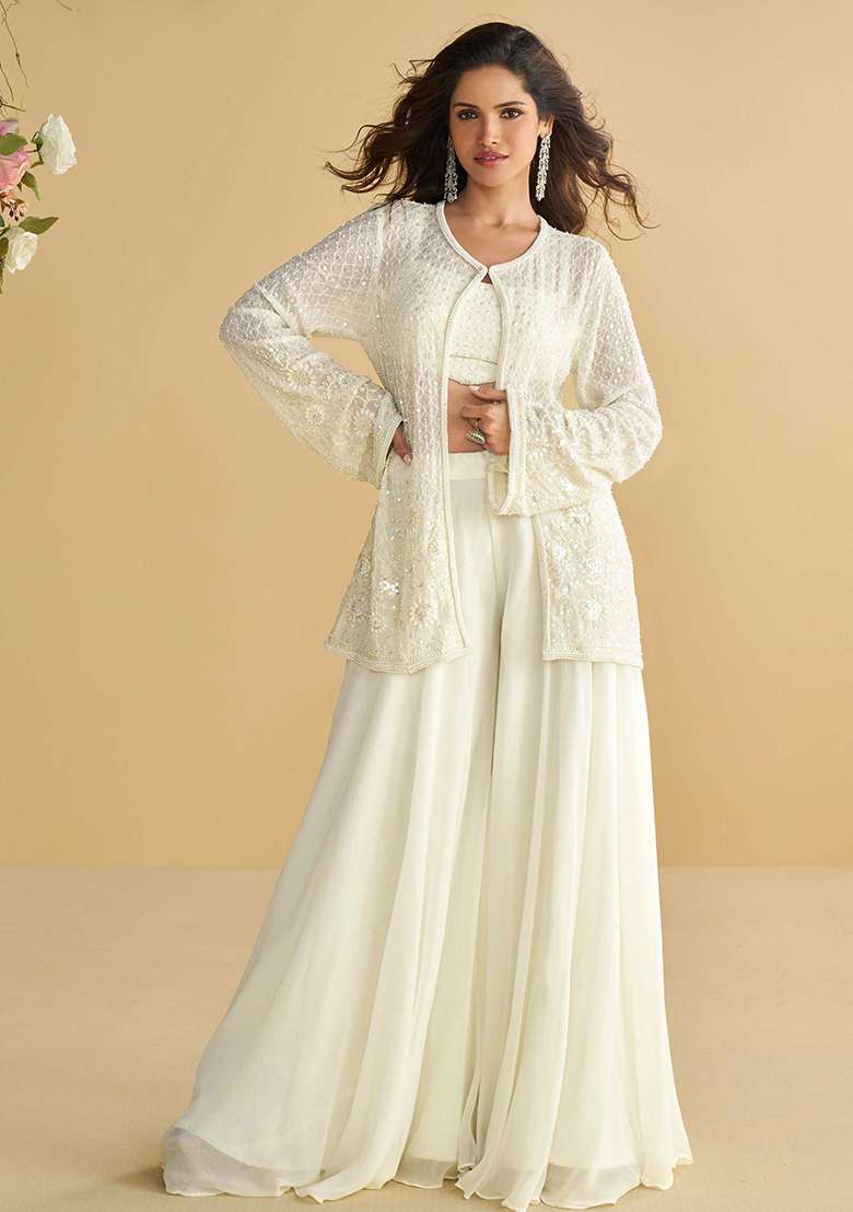 White Chikankari Georgette Sharara Set - Indya