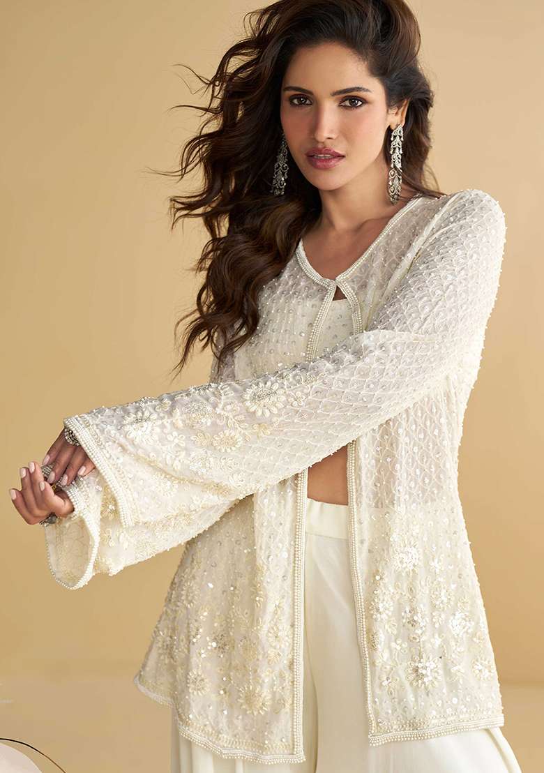 White Chikankari Georgette Sharara Set - Indya