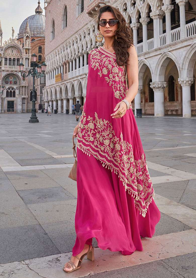 Rani Pink Embroidered Crepe Salwar Kameez - Indya